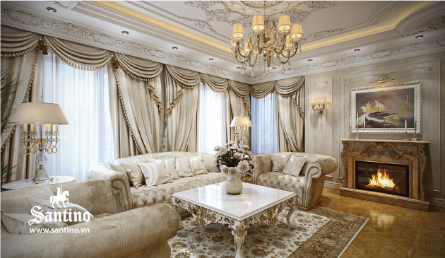 02 thiet ke lau dai phong khach co dien louis sofa rem tran