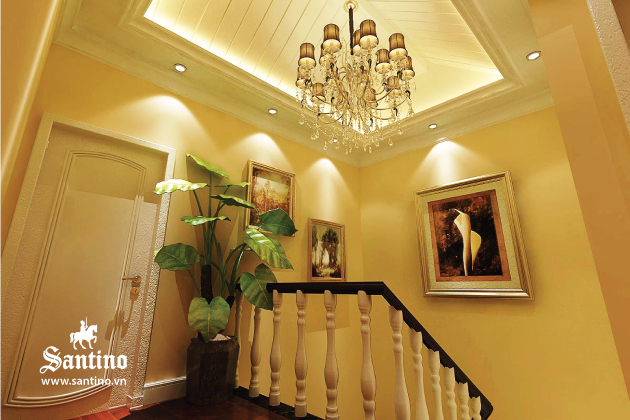 Mẫu nhà đẹp biệt thự tân cổ điển cầu thang cửa gỗ đèn chùm