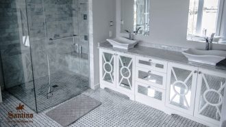 Phòng tắm Tân cổ điển, tủ lavabo, chậu lavabo, vách kính tắm