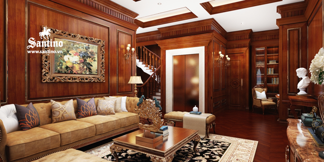 Biệt thự cổ điển pháp phối cảnh thiết kế sofa bàn trà ốp tường đẹp