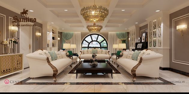 Thiết kế phòng Sinh hoạt chung Tân cổ điển, Bàn ghế sofa, đèn chùm