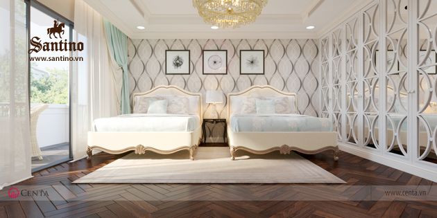 thiet ke noi that tan co dien, biet thu vinhomes gardenia, giường ngủ caracole